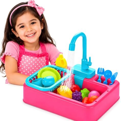 Kids Electric Kitchen Sink Toy – Running Water Pretend Play Kitchen Set
