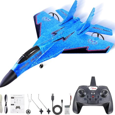 a blue toy airplane with a remote control