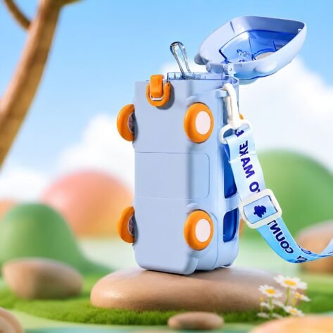 Bus Shape Water Bottle for Kids with Straw & Strap