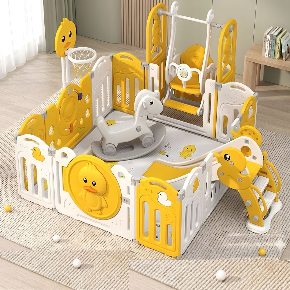 Indoor Kids Play Area with Slide, Swing, and Rocking Horse
