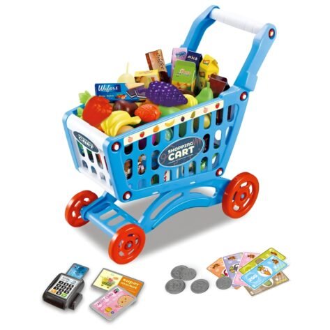 Kids Shopping Cart Toy – Pretend Play Grocery Cart with Fruits & Vegetables