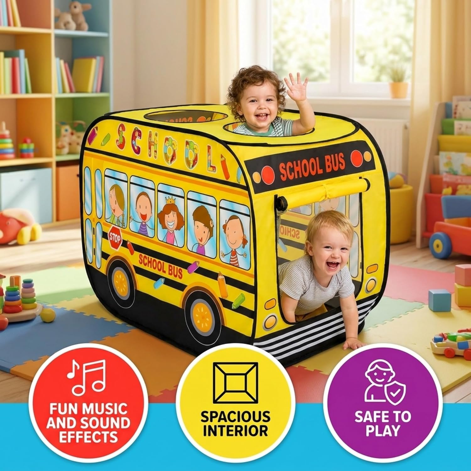 Pop Up School Bus Shape Tent House for Kids - Image 5