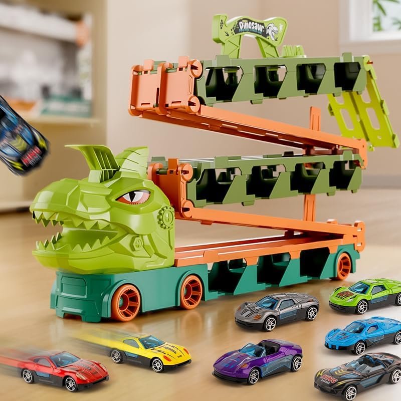 long car racing track truck with metal cars