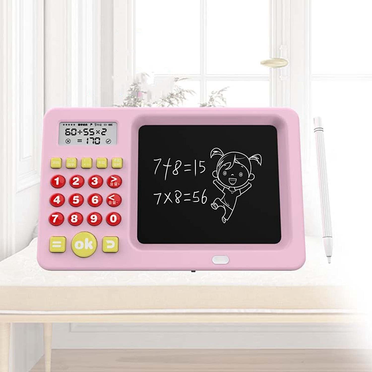 Kids drawing tablet with built-in calculator and stylus