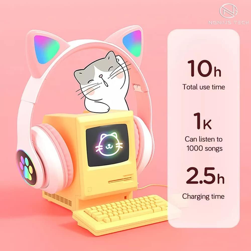 Bluetooth cat ear headphones for kids with LED lights