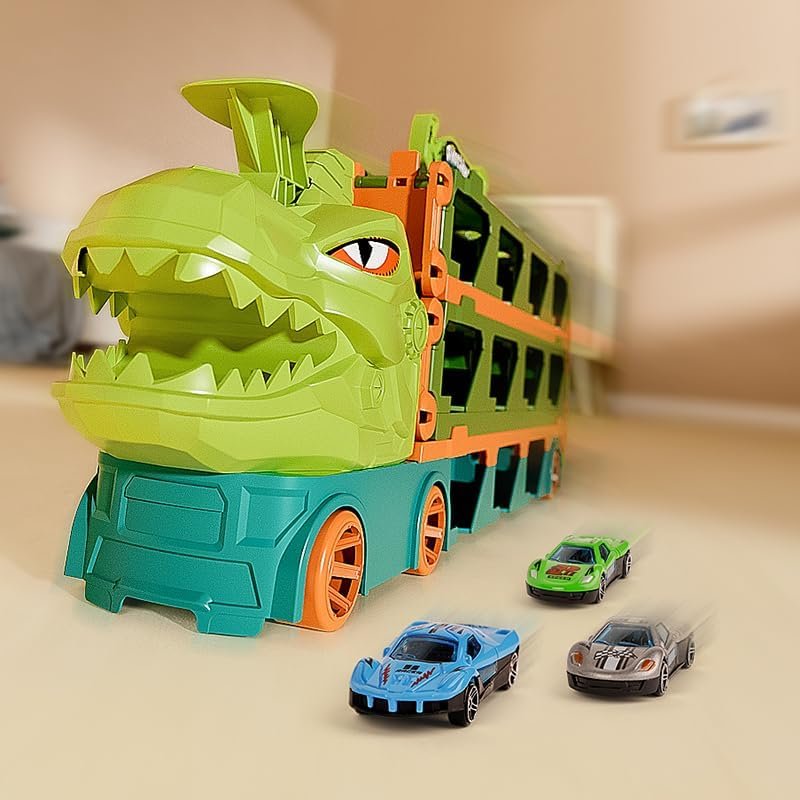 dinosaur carrier truck playset with racing cars