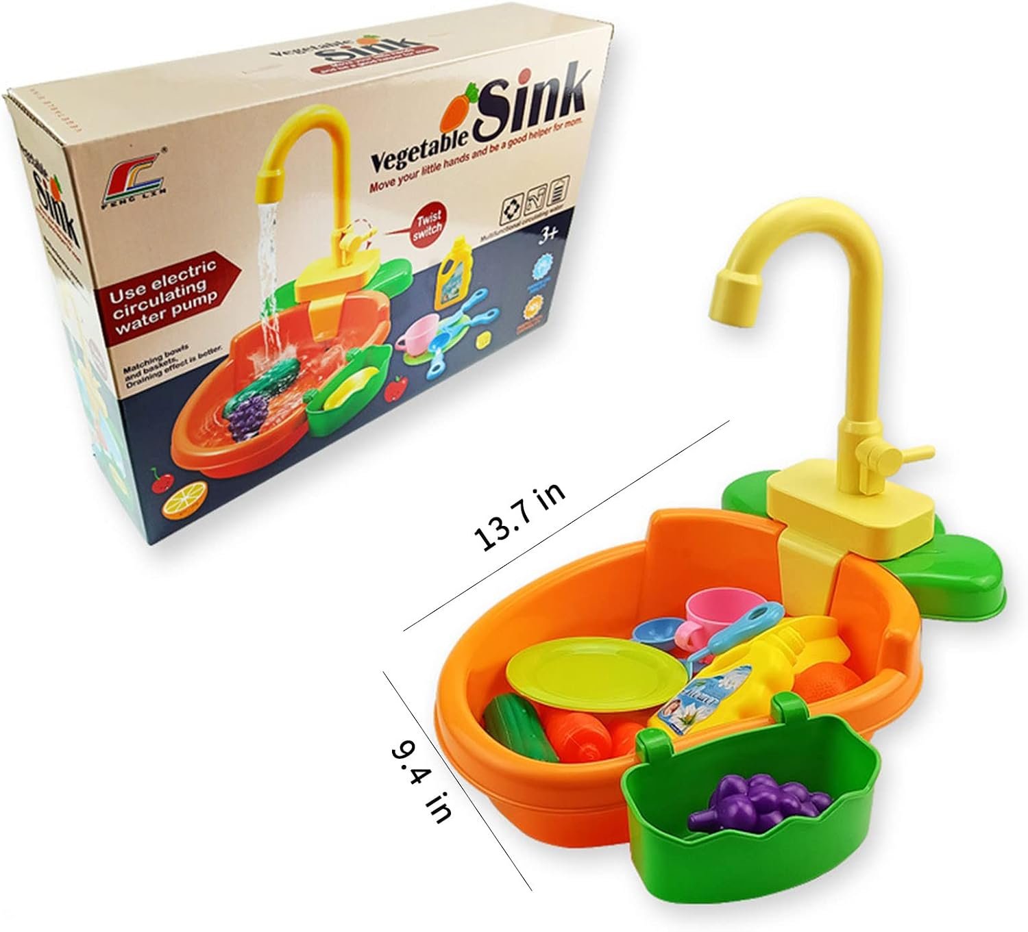 Kids Vegetable Kitchen Sink Toy with Running Water, Pretend Play Washing Basin - Image 5