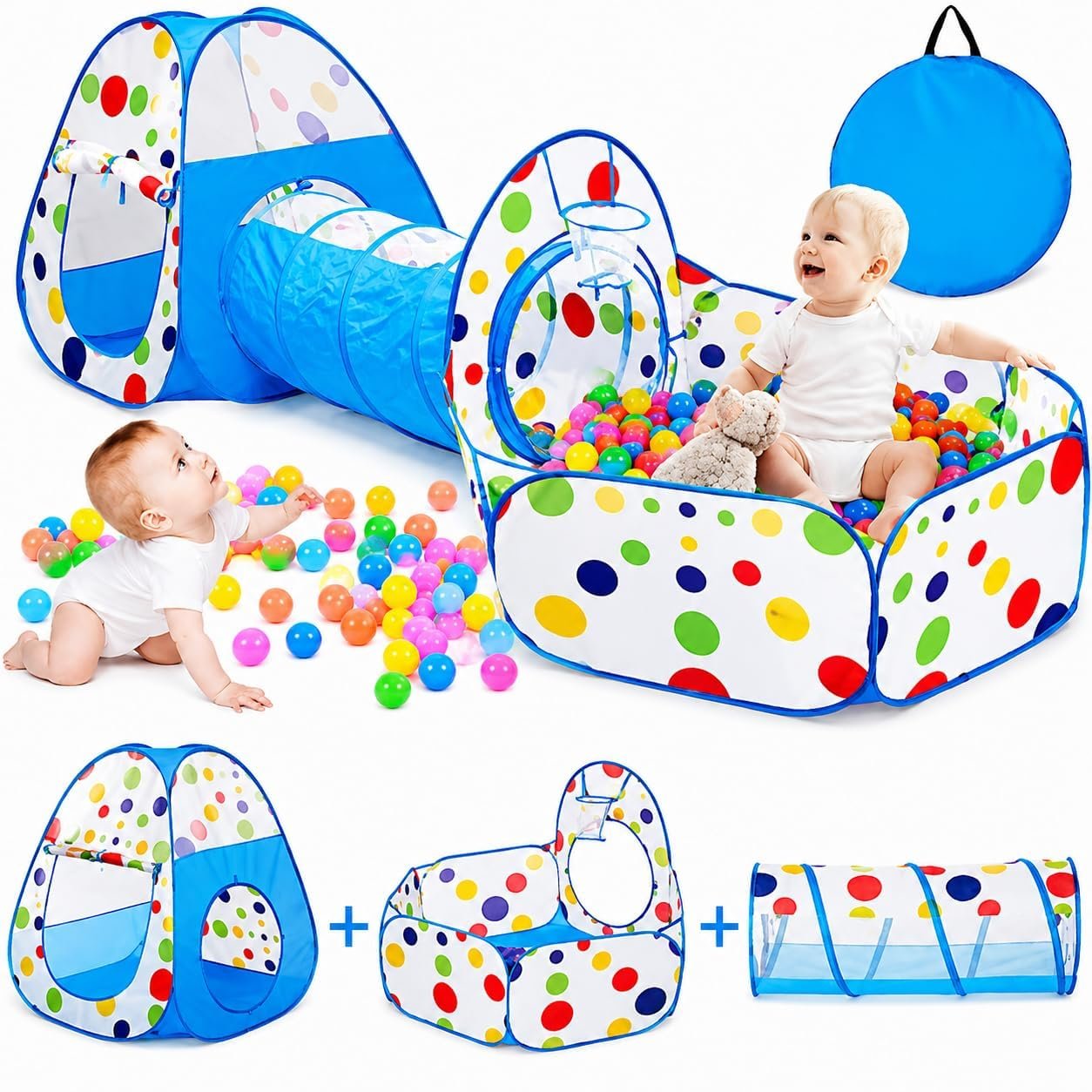 kids blue crawl tunnel ball pit set