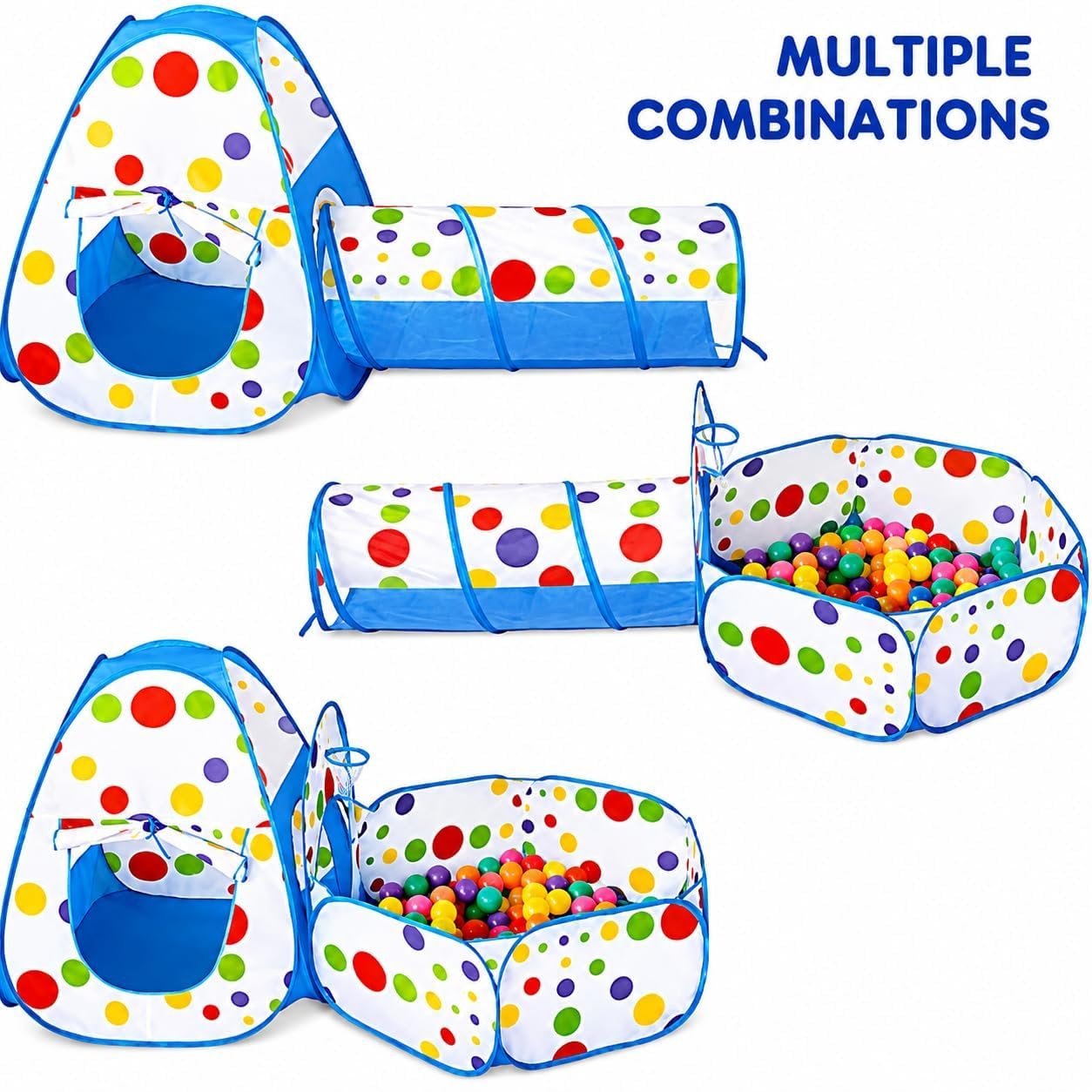 3 in 1 blue play tent with tunnel and ball pit