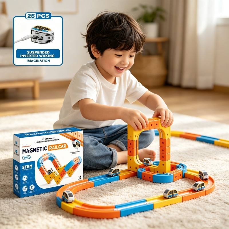 DIY magnetic railcar track building toy