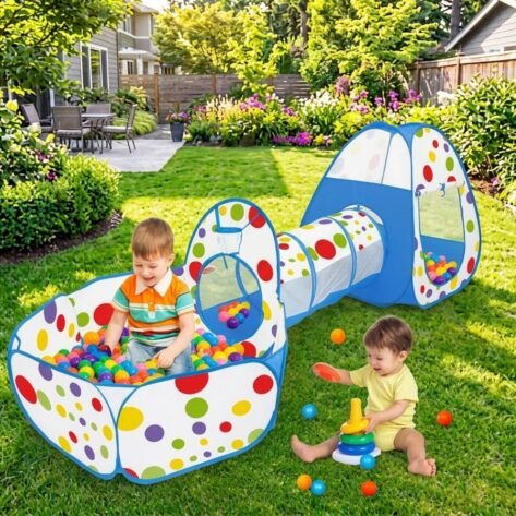 3 in 1 Blue Tunnel Tent House with Crawl Tunnel & Ball Pit for Toddlers