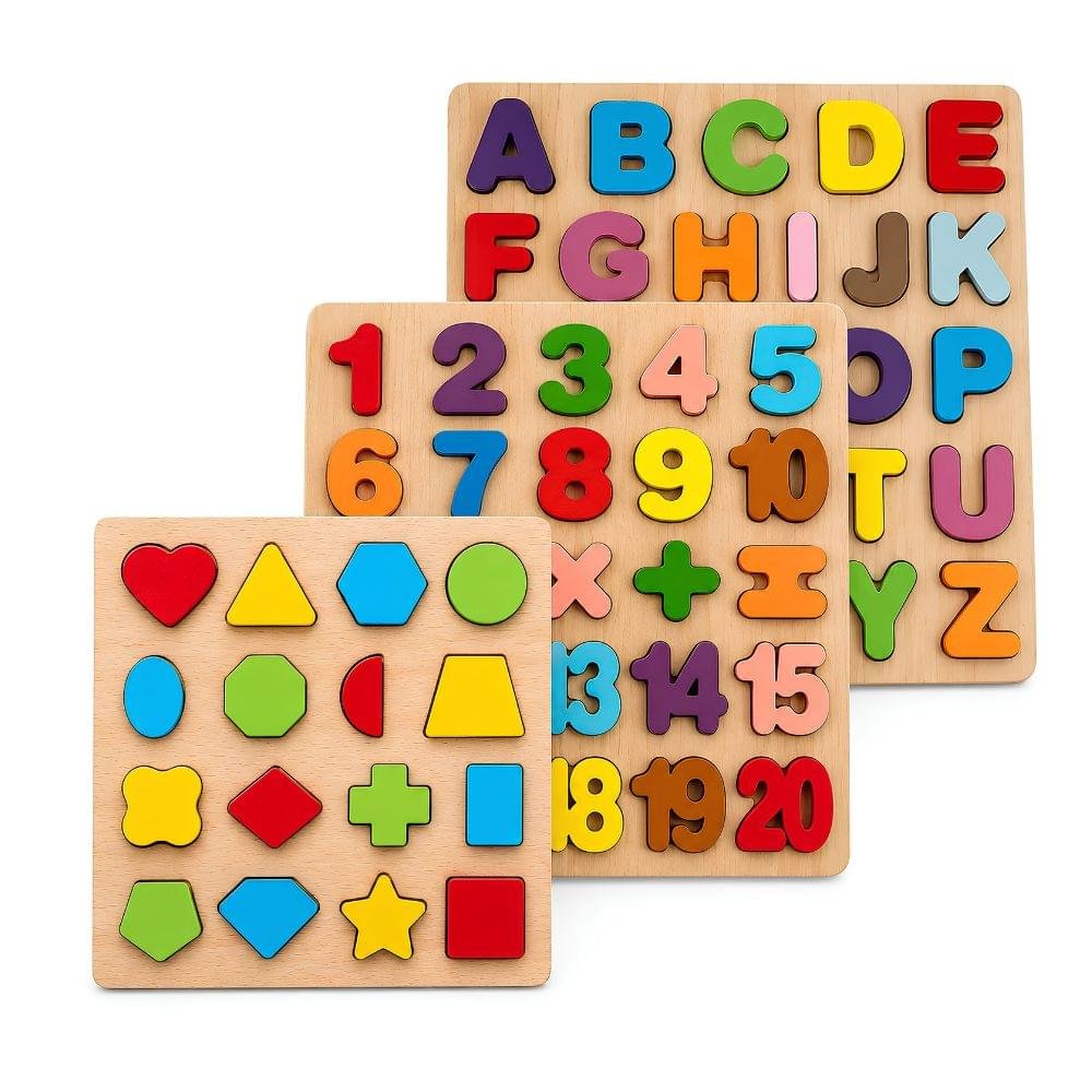3 Puzzle Wooden Boards Numbers Alphabets and Shapes